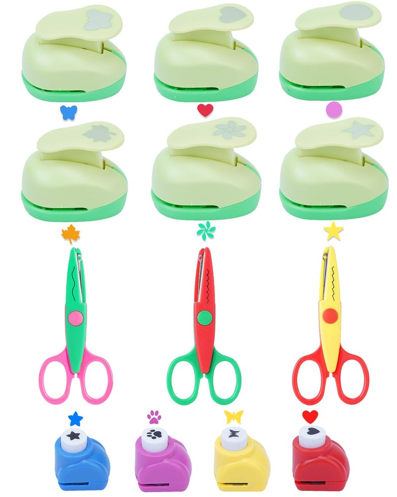 UCEC Paper Punches for Crafting, 3 Pcs Craft Scissors Decorative Edge, 6 Pcs 1 Inch Paper Puncher, 4 Pcs 3/8 inch Hole Punch, Circle Heart Star Shapes Puncher Scissors Sets - Image 1