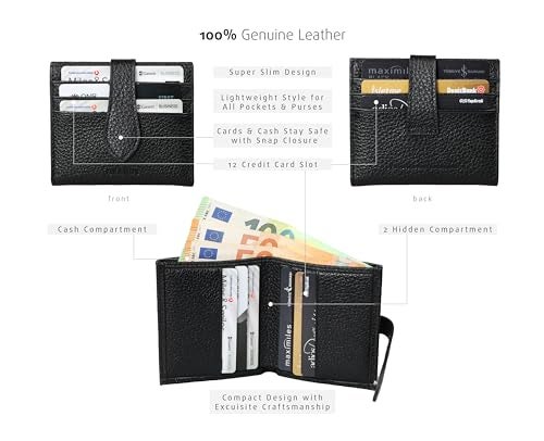 grande 3803 Genuine Leather Card Holder For Women and Men Slim Minimalist Card Case Small Snap Wallet (Black) - Image 4