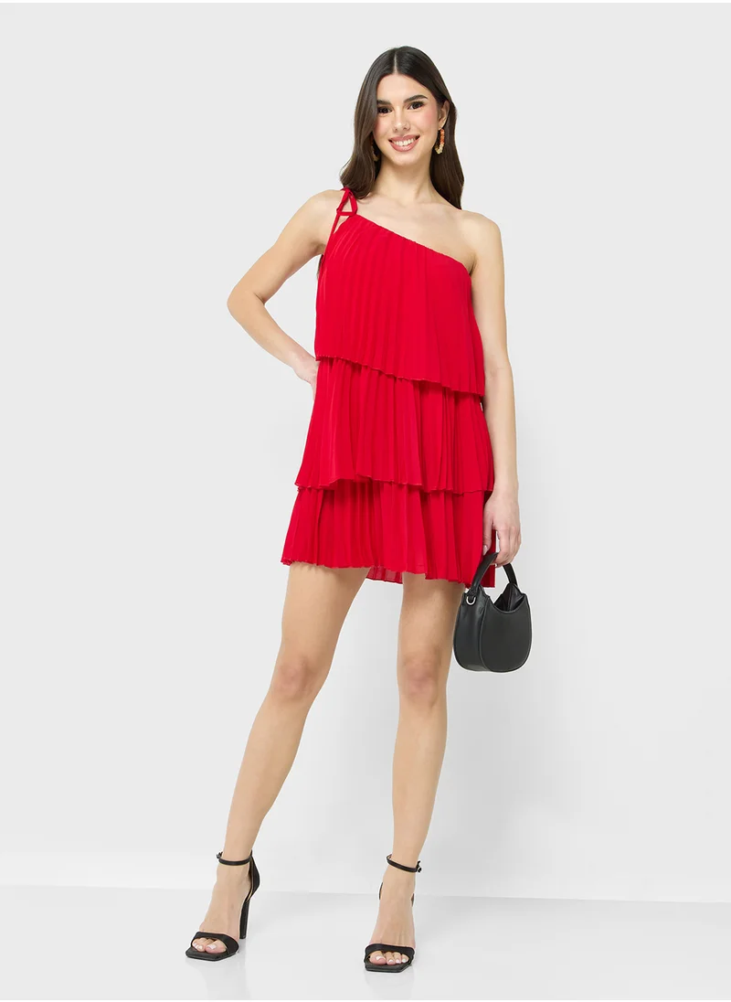 Ginger One Shoulder Tie Up Detail Pleated Ruffle Dress