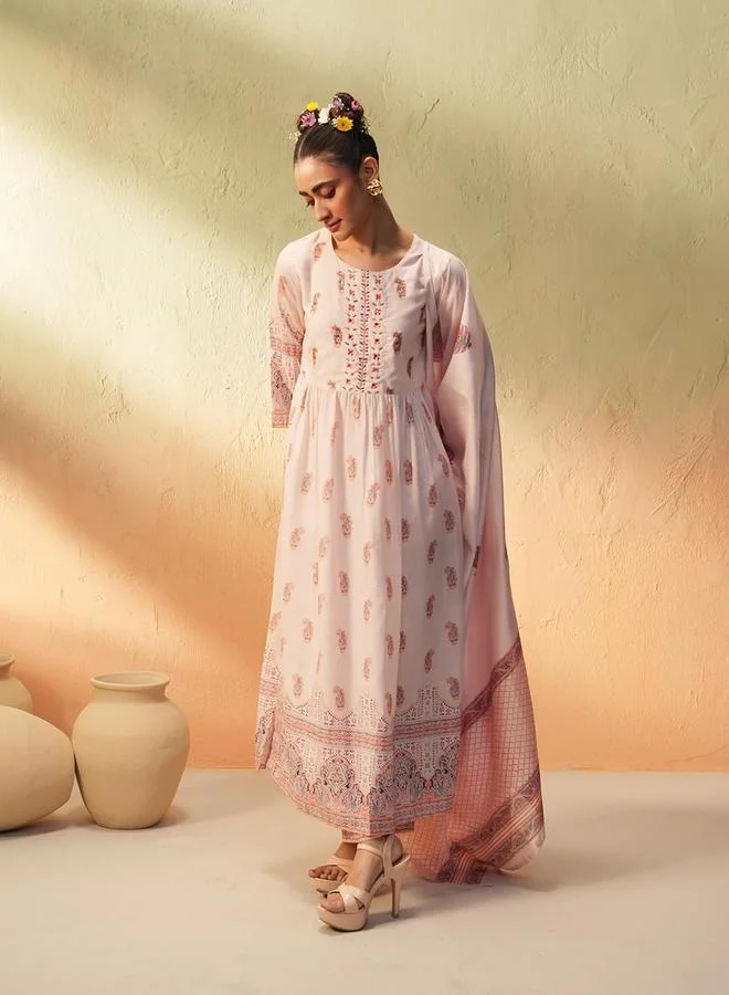 آي شين Women's Peach 100% Cotton Printed Tunic Top With Ankle Palazzo Straight 3 Peice Kurta Set