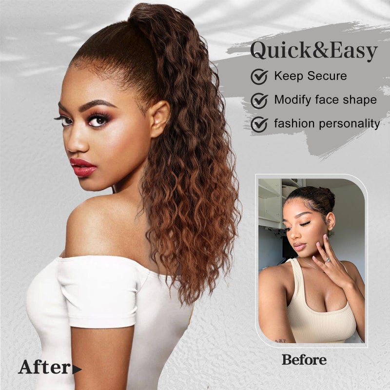 FREEMEIGE Ponytail Extension for Black Women Drawstring Ponytail Long Curly Wavy Ponytail 20Inch Synthetic Clip in Ponytail Hair Extensions - Image 2