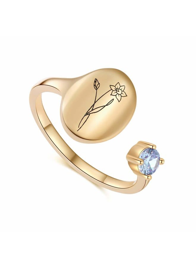 SLOONG Handmade Birth Month Flower Signet Ring 14K Gold Plated Ring Birth Stone Ring Birthday Valentine's Christmas Gift for Mom Daughter Girlfriend Wife, Adjustable, Metal, Agate - Image 1