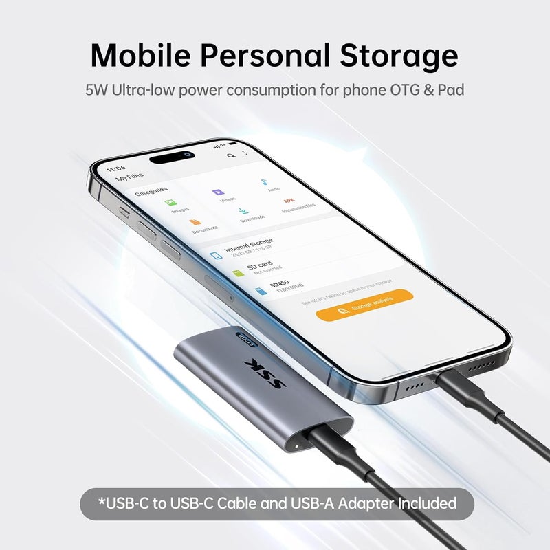 SSK 128GB وحدة تخزين صلبة محمولة من نوع SSD، سرعة نقل بيانات تصل إلى 550 ميغابايت في الثانية | وحدة تخزين خارجية من نوع SSD بمعيار USB 3.2 الجيل الثاني بسرعة 6 جيجابت في الثانية، كابل USB-C ومحول USB-A، مؤشر LED، خاصية تنظيف البيانات (Trim) وخاصية SMART، دعم الاتصال أثناء التنقل (On-The-Go/OTG)، تصميم مدمج. - Image 3
