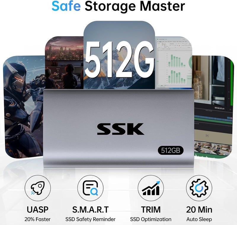 SSK 128GB وحدة تخزين صلبة محمولة من نوع SSD، سرعة نقل بيانات تصل إلى 550 ميغابايت في الثانية | وحدة تخزين خارجية من نوع SSD بمعيار USB 3.2 الجيل الثاني بسرعة 6 جيجابت في الثانية، كابل USB-C ومحول USB-A، مؤشر LED، خاصية تنظيف البيانات (Trim) وخاصية SMART، دعم الاتصال أثناء التنقل (On-The-Go/OTG)، تصميم مدمج. - Image 4