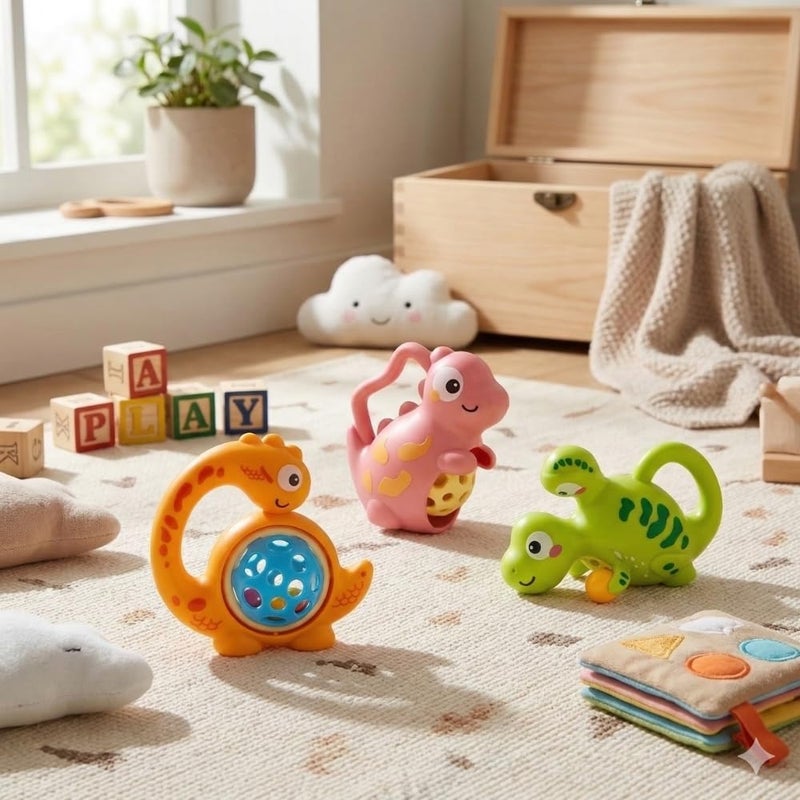Baby Dinosaur Rattles Set, 3 Pieces, Bright Colors, Indoor Bells, Suitable from 18 Months - Image 2