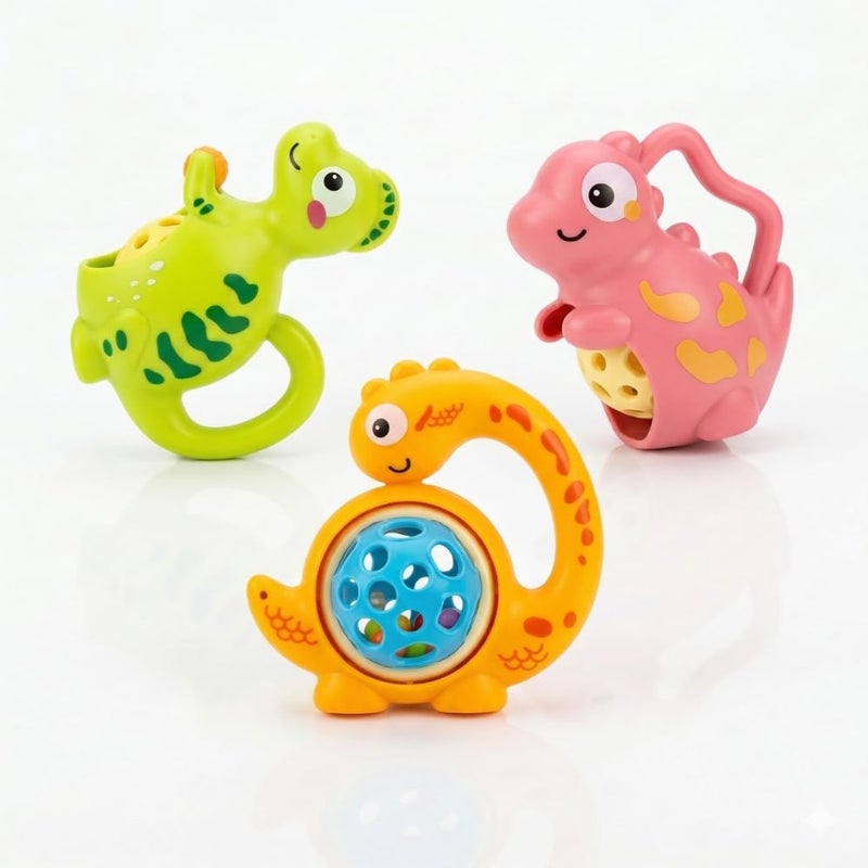 Baby Dinosaur Rattles Set, 3 Pieces, Bright Colors, Indoor Bells, Suitable from 18 Months - Image 4