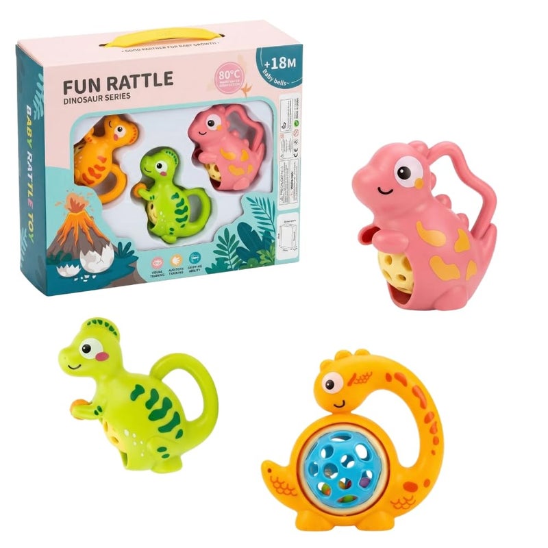 Baby Dinosaur Rattles Set, 3 Pieces, Bright Colors, Indoor Bells, Suitable from 18 Months - Image 1