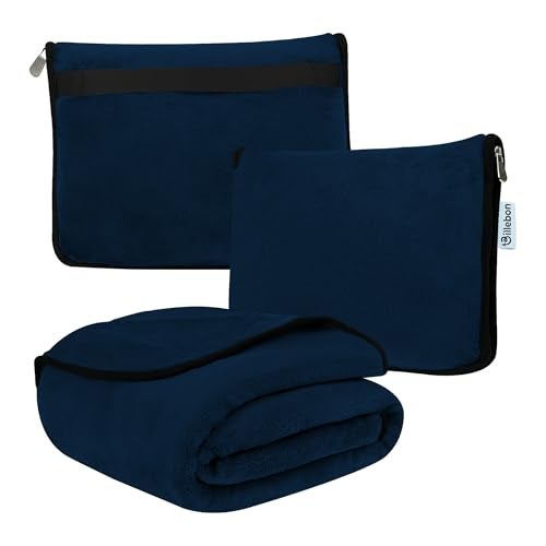 Billebon Travel Blanket Airplane Compact Soft Lightweight & Cozy Blanket with Soft Bag Pillowcase Packable Travel Blanket Perfect for Flight Car Bus Train (Navy Blue, 5 Ft. X 3 Ft.) - Image 1