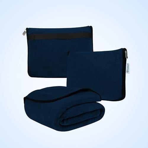 Billebon Travel Blanket Airplane Compact Soft Lightweight & Cozy Blanket with Soft Bag Pillowcase Packable Travel Blanket Perfect for Flight Car Bus Train (Navy Blue, 5 Ft. X 3 Ft.) - Image 2