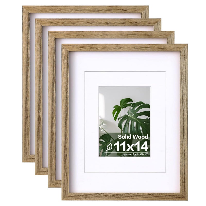 Egofine 11x14 Picture Frames with Plexiglass, Display Pictures 5x7/8x10 with Mat or 11x14 Without Mat Set of 4 for Tabletop and Wall Mounting, Carbonized Brown - Image 1
