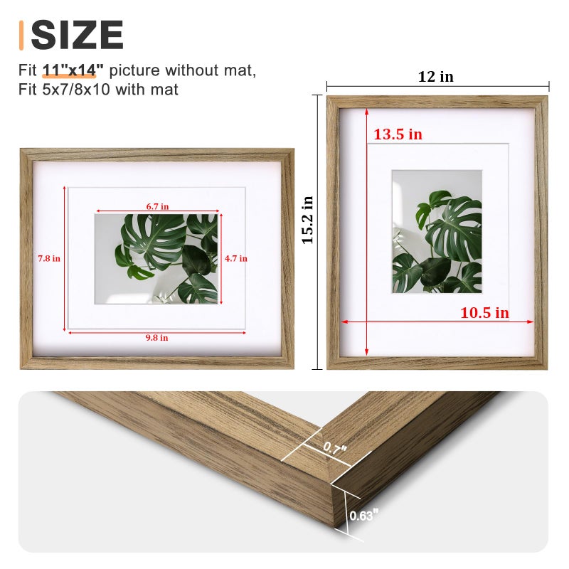 Egofine 11x14 Picture Frames with Plexiglass, Display Pictures 5x7/8x10 with Mat or 11x14 Without Mat Set of 4 for Tabletop and Wall Mounting, Carbonized Brown - Image 3