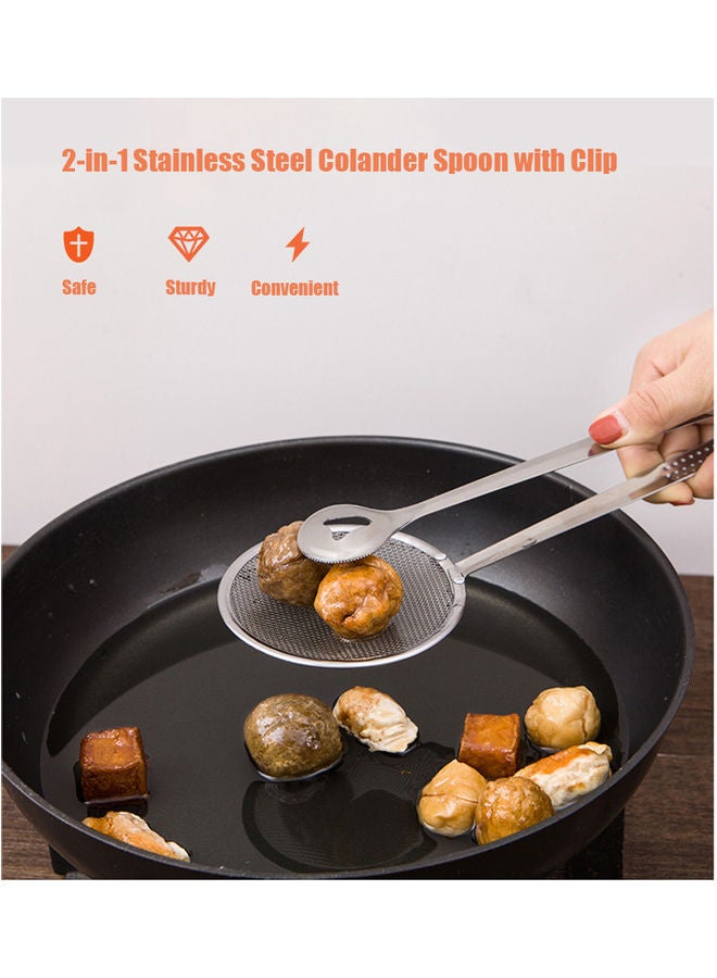 Stainless Steel Colander Spoon with Clip Oil Filter Grid Scoop Fryer Tongs Silver - Image 2
