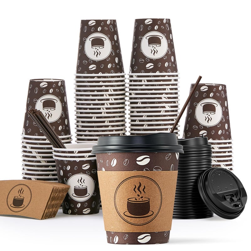 JOLLY PARTY 10oz100 Pack Disposable Coffee Cups with Lids Sleeves and Straws  Paper Coffee Cups with Lids DurableBPA Free Hot Cups for Shops Cafes and Concession StandsDark Brown