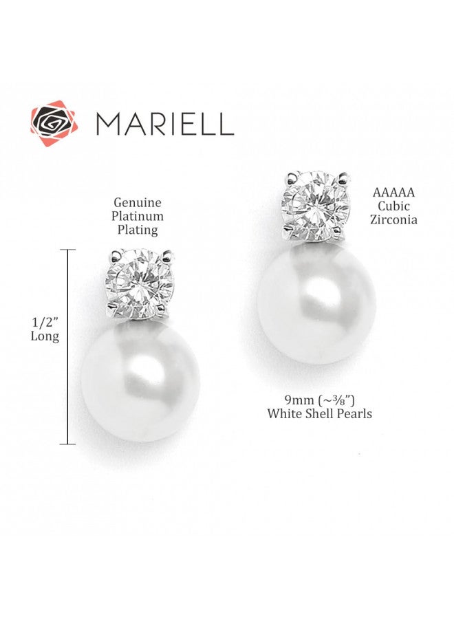 Mariell White Pearl Bridal Earrings with Cubic Zirconia Crystal Top, 9mm White Pearl Stud Earring, Perfect for Brides, Bridesmaids, Wedding Party and Everyday Wear - Image 4
