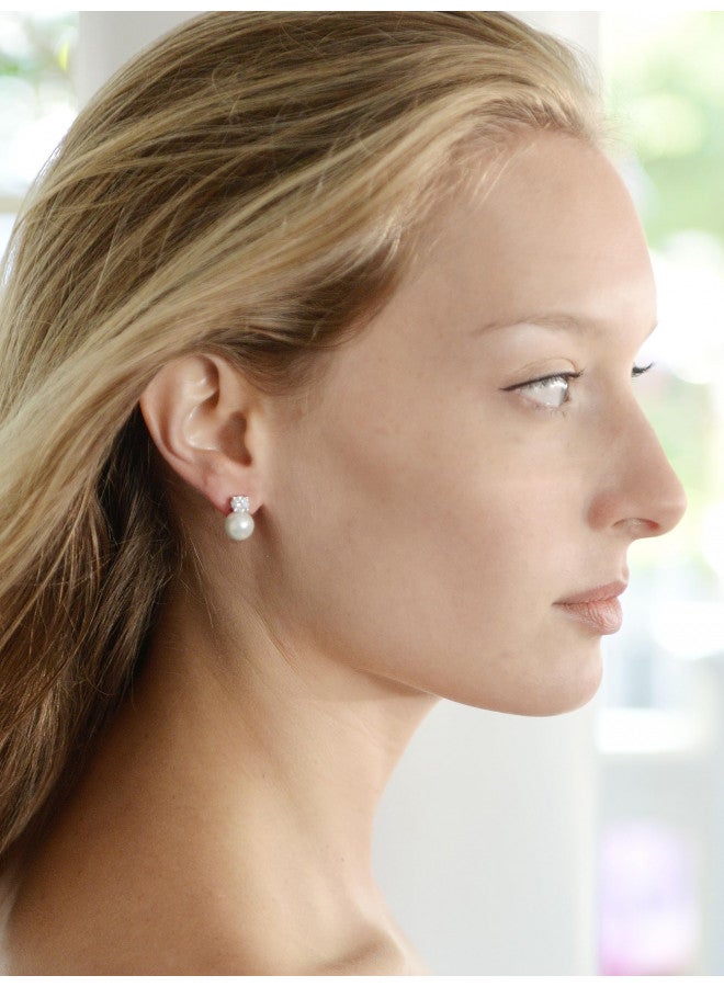 Mariell White Pearl Bridal Earrings with Cubic Zirconia Crystal Top, 9mm White Pearl Stud Earring, Perfect for Brides, Bridesmaids, Wedding Party and Everyday Wear - Image 1
