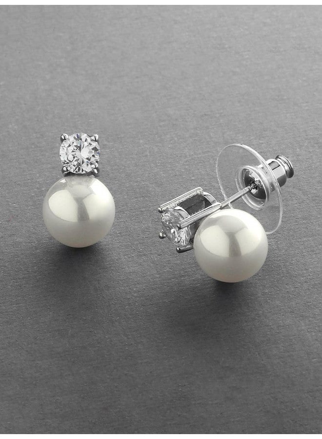 Mariell White Pearl Bridal Earrings with Cubic Zirconia Crystal Top, 9mm White Pearl Stud Earring, Perfect for Brides, Bridesmaids, Wedding Party and Everyday Wear - Image 2