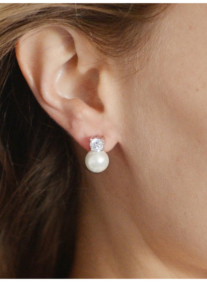 Mariell White Pearl Bridal Earrings with Cubic Zirconia Crystal Top, 9mm White Pearl Stud Earring, Perfect for Brides, Bridesmaids, Wedding Party and Everyday Wear - Image 3