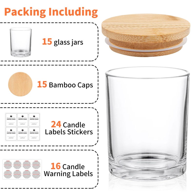SUPMIND 15 Pack Glass Candle Jars -7oz Clear Empty Candle Jars with Bamboo Lids and Labels, Bulk Candle Containers Jars for Making Candles - Dishwasher - Image 3