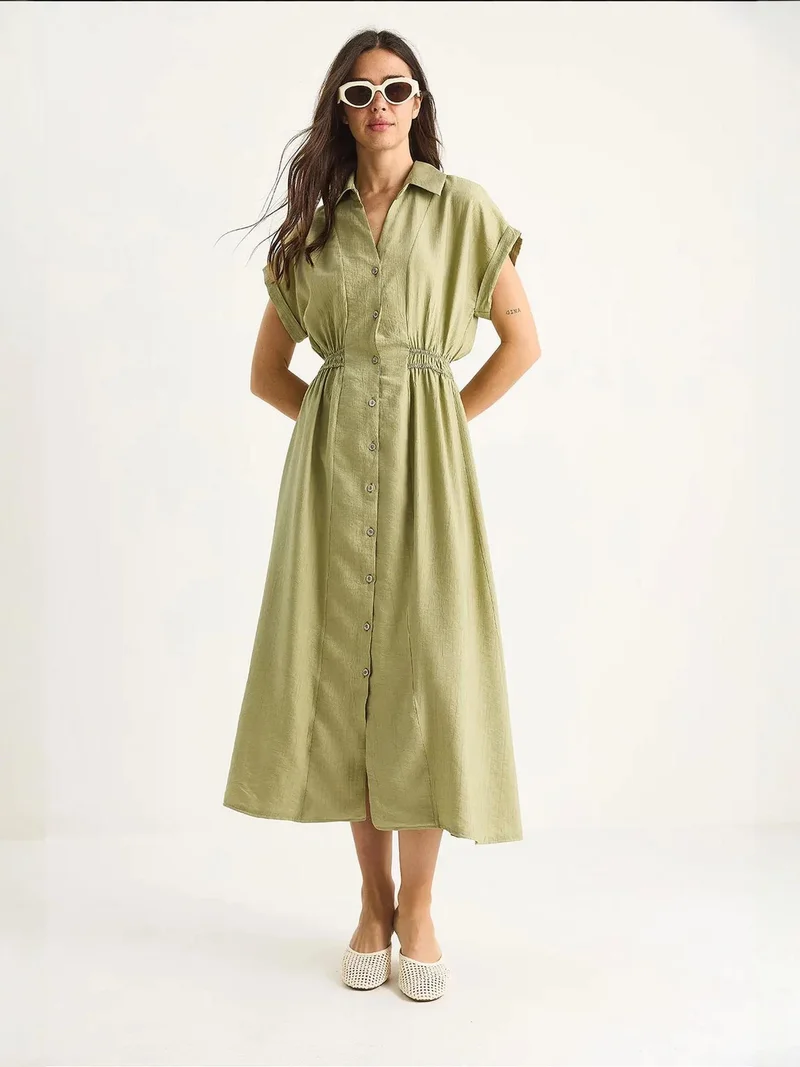 Bianco Lucci LUCCI Textured V-Neck Midi Dress with Button Closure