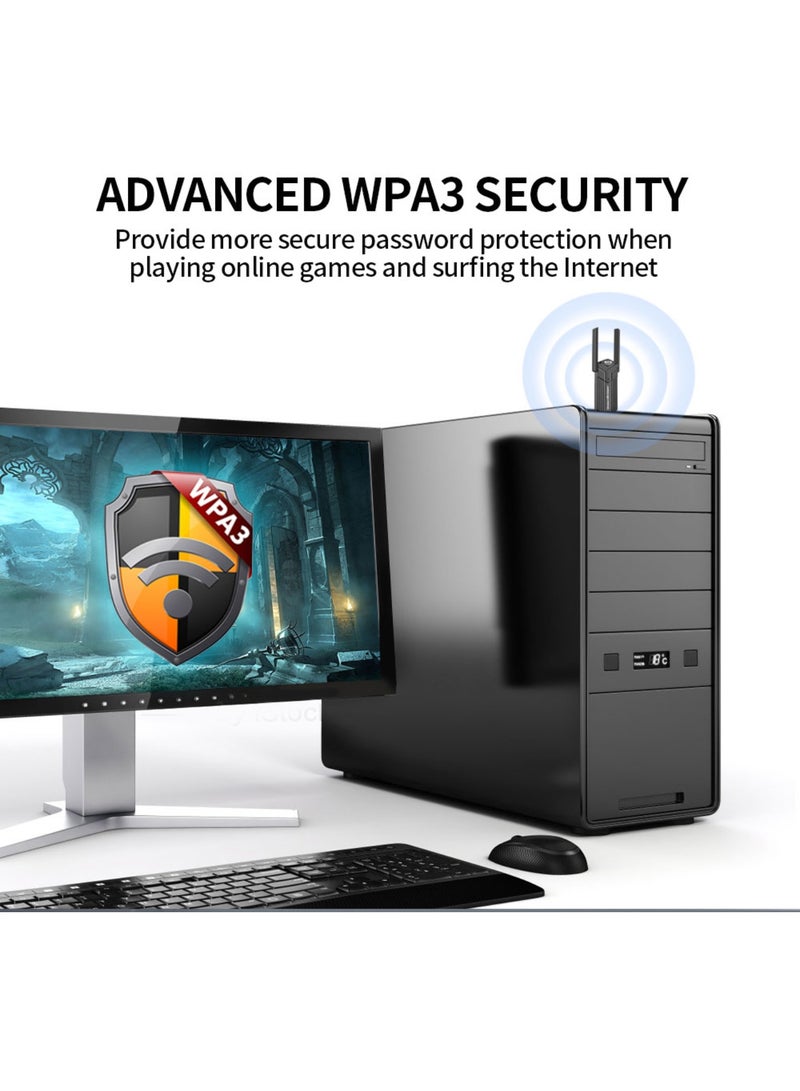 اووكاي محول واي فاي USB AX1800 لأجهزة الكمبيوتر المكتبية، دونجل واي فاي USB، أربعة نطاقات 5 جيجاهرتز (1201 ميجابت في الثانية) + 2.4 جيجاهرتز (600 ميجابت في الثانية)، MU-MIMO، تكوين الشعاع، تشفير WPA3، برنامج تشغيل مدمج، يدعم نظامي التشغيل Windows 11/10 (هوائيان). - Image 4