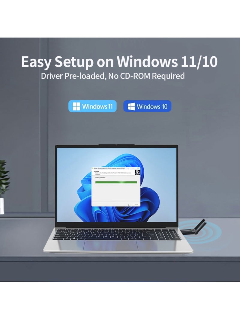 اووكاي محول واي فاي USB AX1800 لأجهزة الكمبيوتر المكتبية، دونجل واي فاي USB، أربعة نطاقات 5 جيجاهرتز (1201 ميجابت في الثانية) + 2.4 جيجاهرتز (600 ميجابت في الثانية)، MU-MIMO، تكوين الشعاع، تشفير WPA3، برنامج تشغيل مدمج، يدعم نظامي التشغيل Windows 11/10 (هوائيان). - Image 5