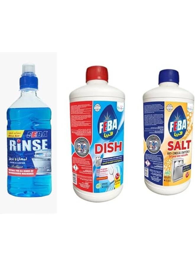 Feba Dishwasher Powder - 1.1 Kg + Dishwasher Salt - 1.5 Kg + Rinse Aid - 285 ml