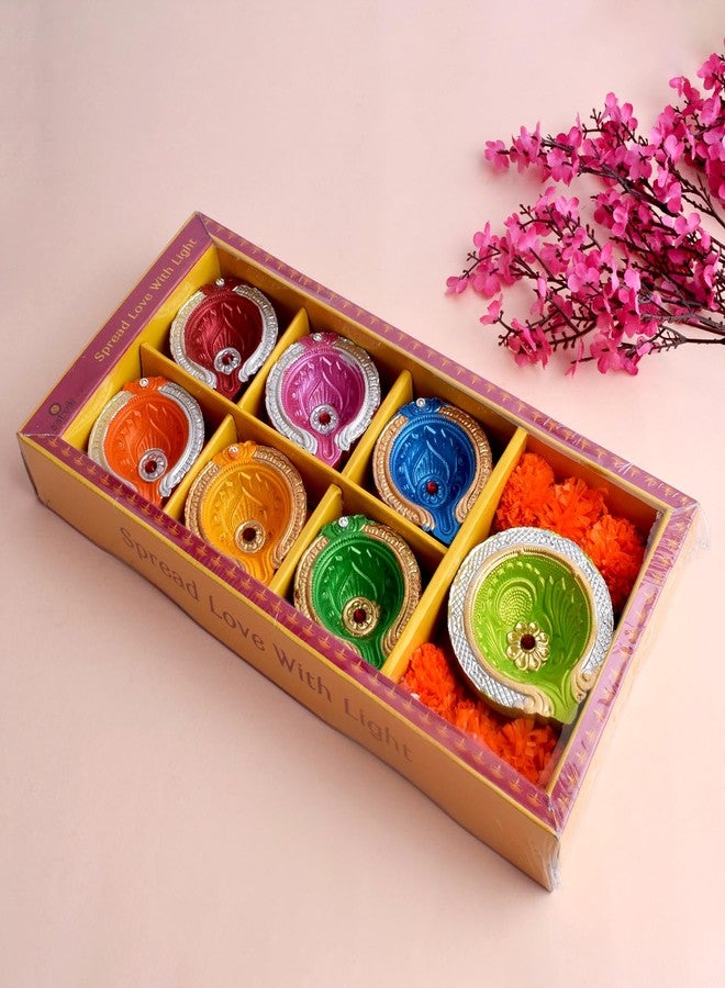 SATVIK STORE SATVIK 7 Pc (6+1) Designer Multicolor Clay Diya Earthen Diya Terracotta Acrylic Dia Traditional Puja Vilakku Oil Lamp Natural Mitti Welcome Diwali Deepawali Pooja Decor Indian Housewarming Gift Items - Image 2