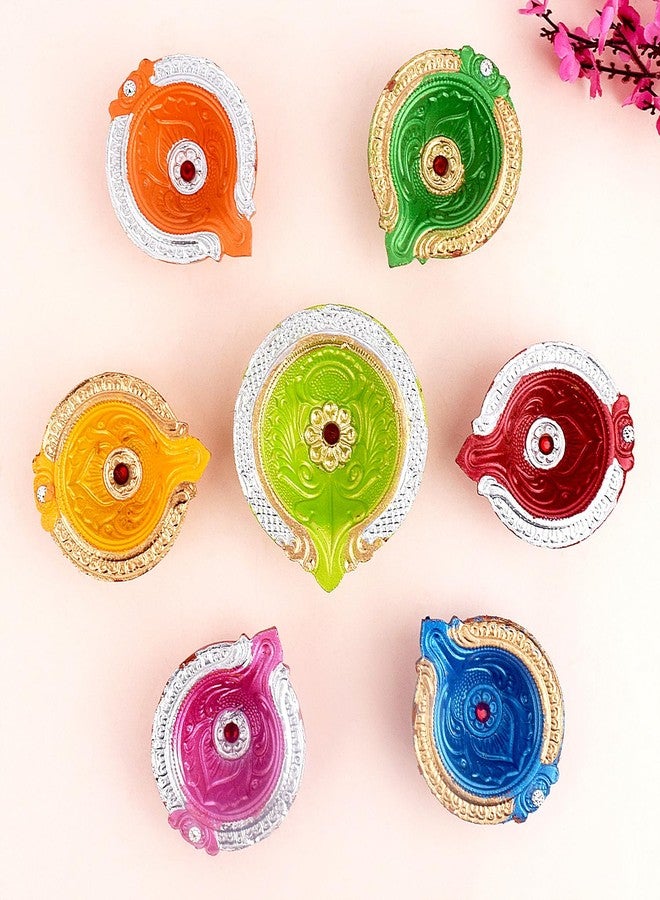 SATVIK STORE SATVIK 7 Pc (6+1) Designer Multicolor Clay Diya Earthen Diya Terracotta Acrylic Dia Traditional Puja Vilakku Oil Lamp Natural Mitti Welcome Diwali Deepawali Pooja Decor Indian Housewarming Gift Items - Image 3