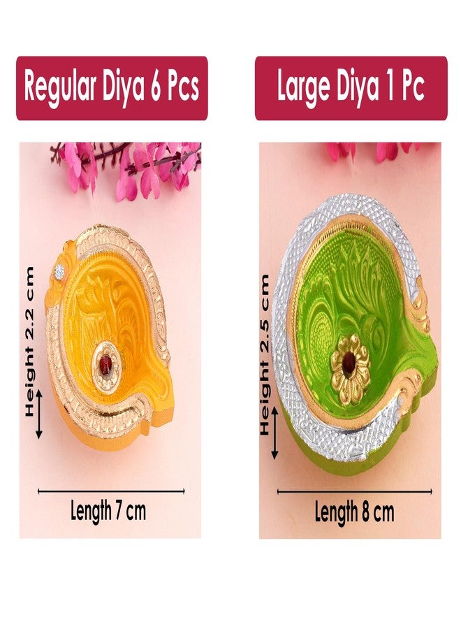 SATVIK STORE SATVIK 7 Pc (6+1) Designer Multicolor Clay Diya Earthen Diya Terracotta Acrylic Dia Traditional Puja Vilakku Oil Lamp Natural Mitti Welcome Diwali Deepawali Pooja Decor Indian Housewarming Gift Items - Image 4