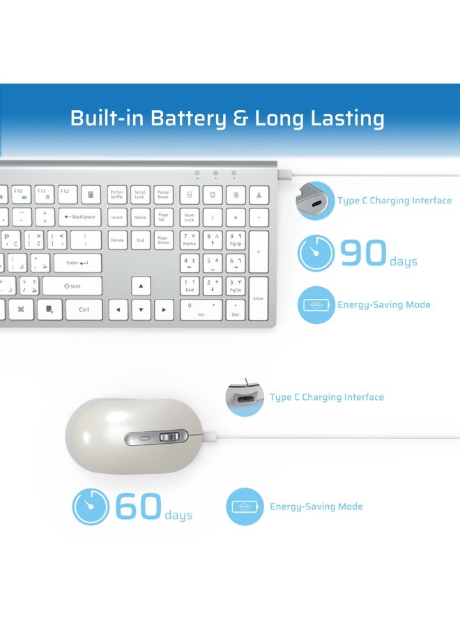 كريت مور كيبورد وفأرة لاسلكية قابلة للشحن ‎2.4G‎ مع لوحة أرقام، متوافقة مع ويندوز وماك – أبيض وفضي - Image 2