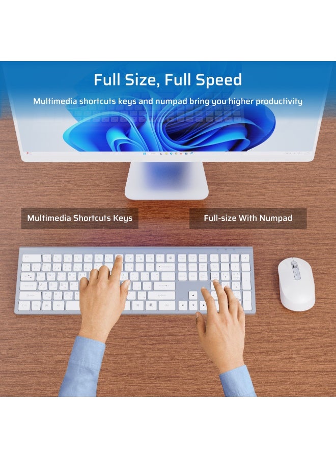 كريت مور كيبورد وفأرة لاسلكية قابلة للشحن ‎2.4G‎ مع لوحة أرقام، متوافقة مع ويندوز وماك – أبيض وفضي - Image 3