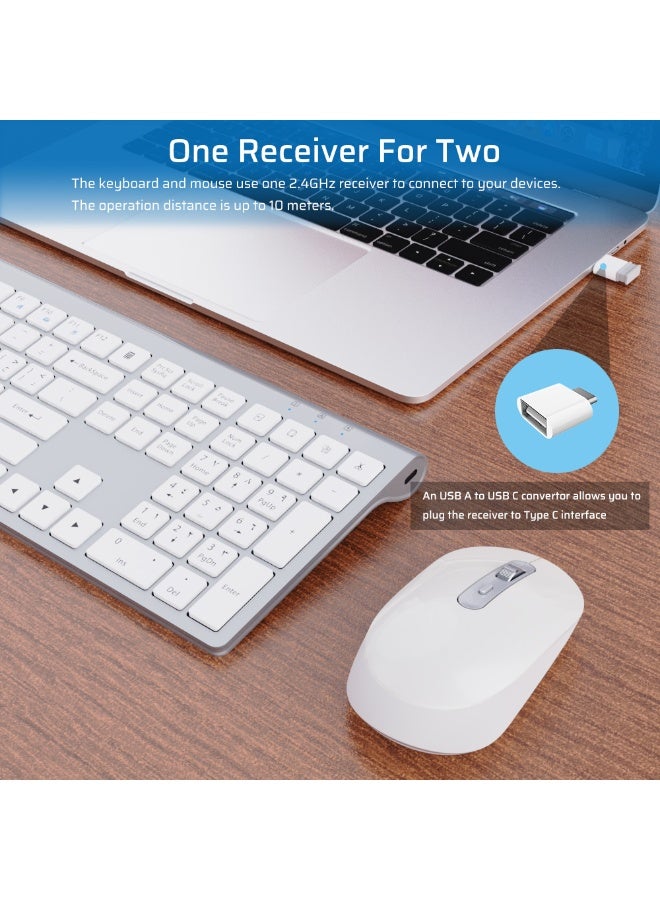 كريت مور كيبورد وفأرة لاسلكية قابلة للشحن ‎2.4G‎ مع لوحة أرقام، متوافقة مع ويندوز وماك – أبيض وفضي - Image 4