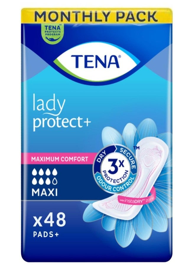 TENA Lady Protect+ Maxi Pad Style | Incontinence Lady Pads | Upto 12 Hrs Dryness | Triple Protection from leaks,odour and moisture | Dermatologically Tested |Length 37.7 cm | 6 Units × 8 | 48 Units - Image 1