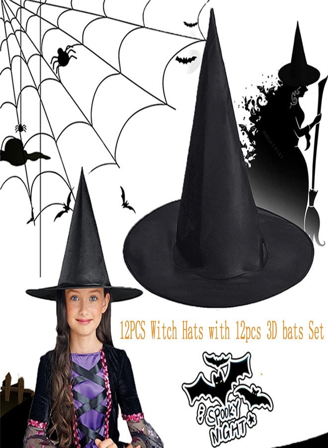 Tmflexe 12pcs Halloween Witch Hats + 12pcs 3D Bats Stickers - Costume Accessories for Parties, Cosplay, Carnivals, Holidays - Image 2