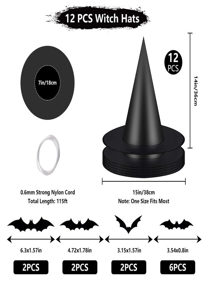 Tmflexe 12pcs Halloween Witch Hats + 12pcs 3D Bats Stickers - Costume Accessories for Parties, Cosplay, Carnivals, Holidays - Image 3