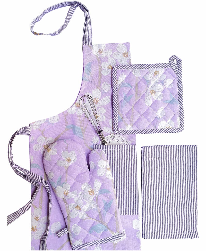 PIXEL HOME DECOR Printed Apron With Oven Mitt and Pot Holder with Kitchen Towel - Cherry Blossom Collection (Lilac Blossom) - Image 1
