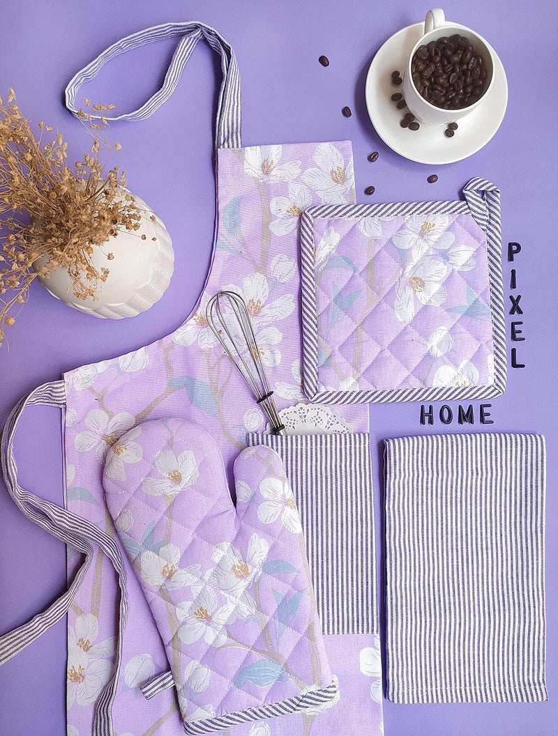 PIXEL HOME DECOR Printed Apron With Oven Mitt and Pot Holder with Kitchen Towel - Cherry Blossom Collection (Lilac Blossom) - Image 3
