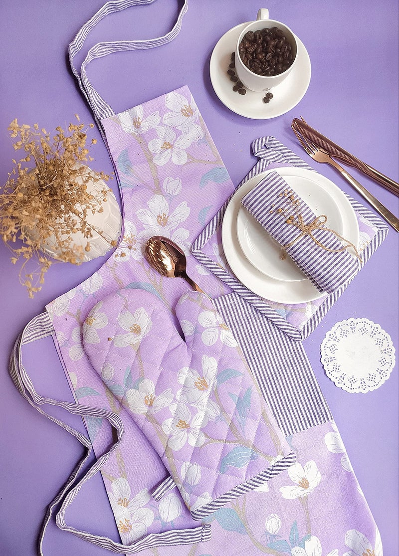PIXEL HOME DECOR Printed Apron With Oven Mitt and Pot Holder with Kitchen Towel - Cherry Blossom Collection (Lilac Blossom) - Image 2