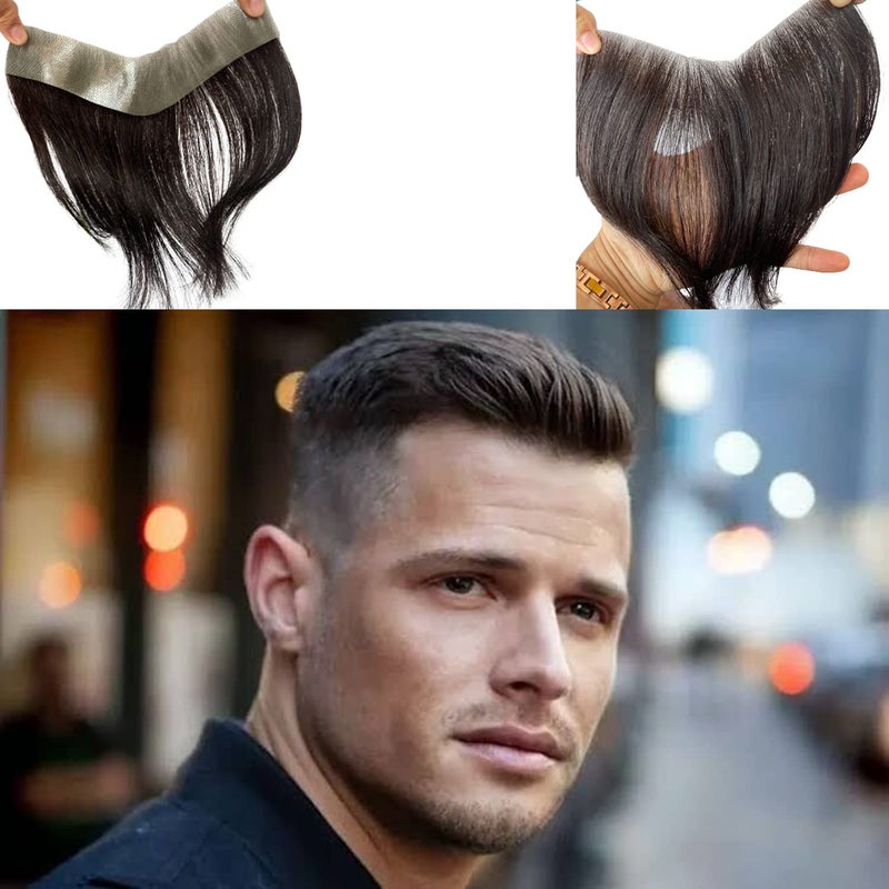 Voloria Men Forehead Hairline Toupee 100% Human Hair Skin PU Man Hairpieces Frontal Hair Topper for Receding Natural Hairline Replacement Systems #2 Dark Brown Color 0.78x6.29INCH - Image 1