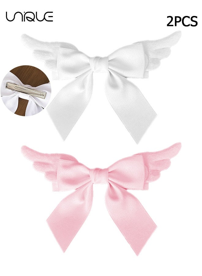 Unique 2 Pcs Bow Hair Clips - Plush Wing Bow Hair Clips - Vintage Angel Wing Hair Clips - Cartoon Fuzzy Wing Hair Clips - Gift for Women, Girls, Teens - White/Pink - Image 1
