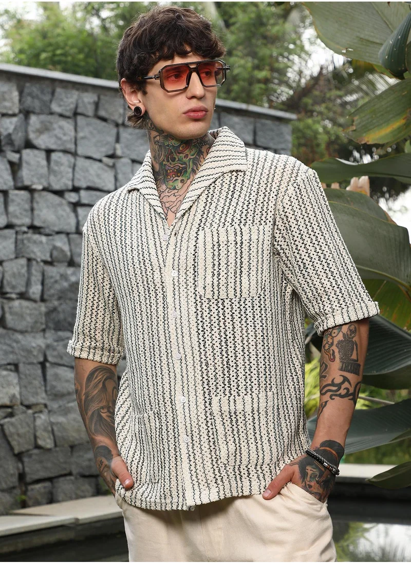 كامبوس سوترا Men's Off-White & Indigo Blue Striped Crochet Shirt For Casual Wear | Spread Collar | Short Regular Sleeves | Button Closure | Oversized Shirt Crafted With Comfort Fit For Everyday Wear