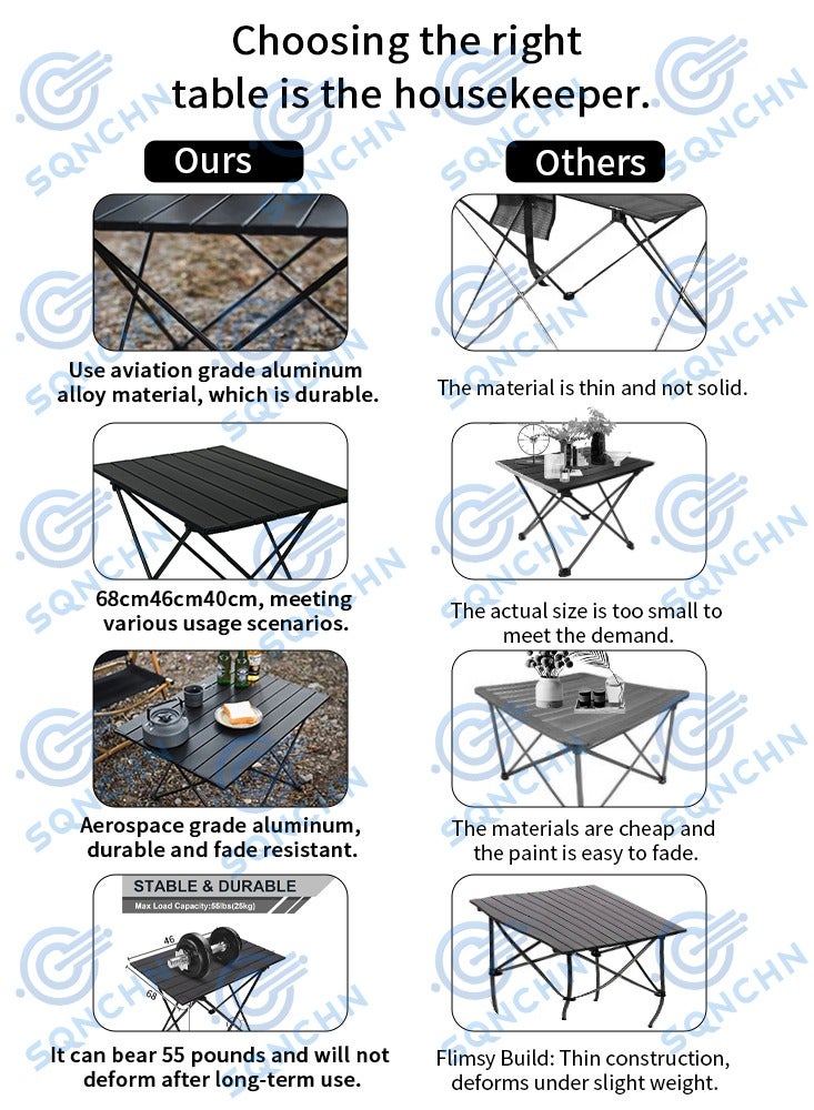 إس كيو إن سي إتش إن طاولة خارجية قابلة للطي من سبائك الألومنيوم المحمولة عالية الجودة بحجم إضافي كبير – تصميم أسود خفيف ومتين مع حقيبة تخزين، مثالية للتخييم والنزهات والأنشطة الخارجية (68 سم × 46 سم × 40 سم) - Image 5