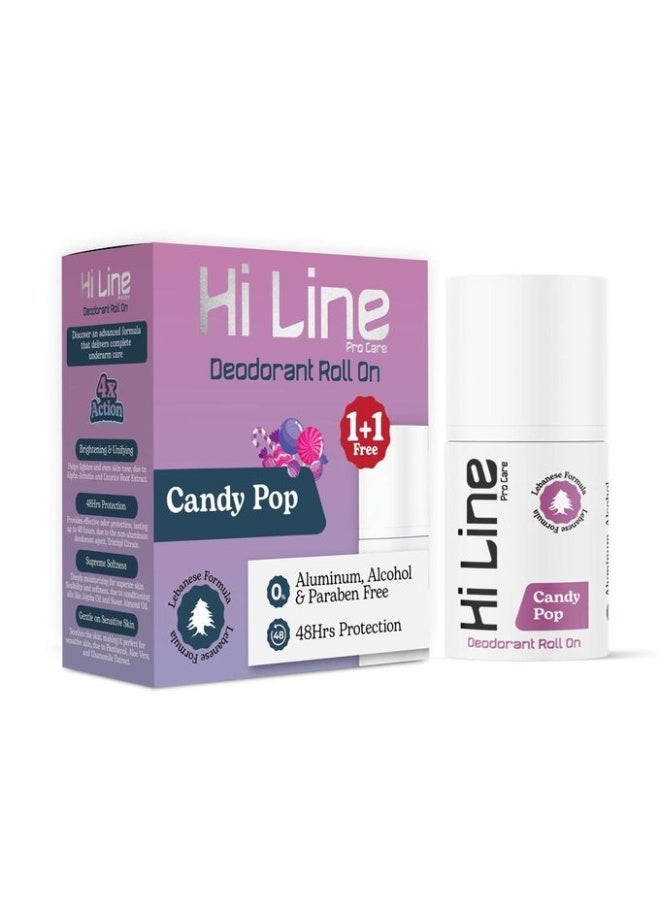 Hi Line Pro Care Roll-On Deodorant (Candy Pop) 50ml, Aluminum-Free, 48-Hour Protection, Gentle on Sensitive Skin - Sweet Scent - 1+1 Offer