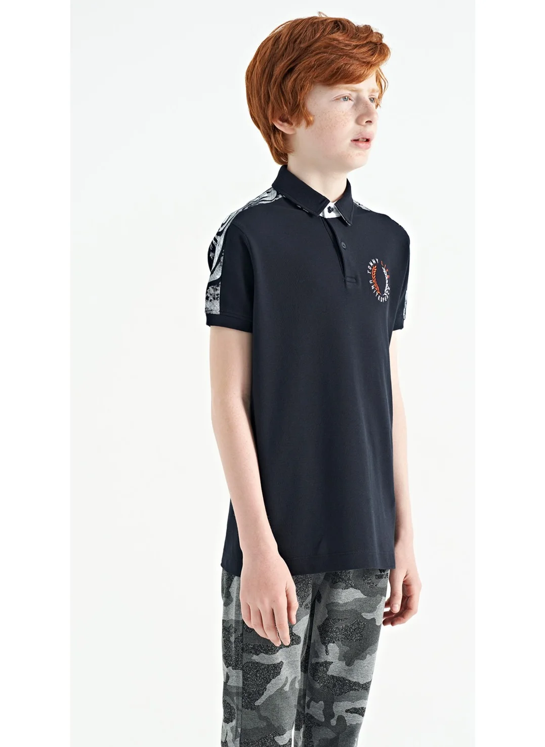 تومي لايف Navy Blue Print Detailed Pola Collar Standard Pattern Boys T-Shirt - 11166