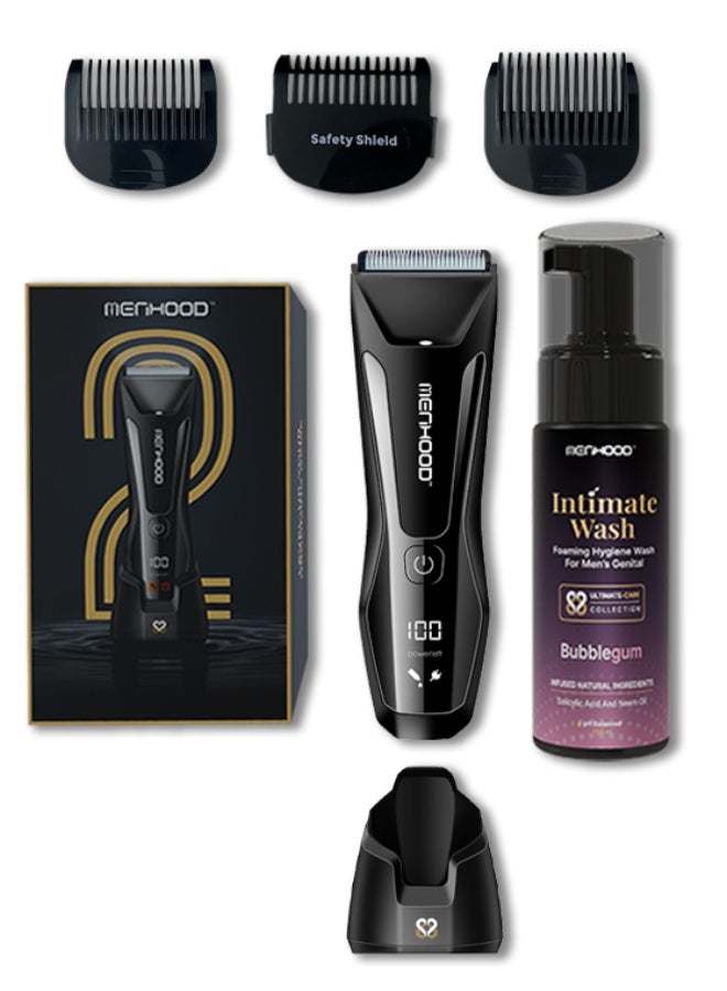 MENHOOD Grooming Trimmer 2.0 & Intimate Foam Wash for Men | Waterproof Body Hair Trimmer, Sensitive Skin Ceramic Blades, LED Light, Wireless Charging, 150 Min Runtime | Tea Tree Intimate Hygiene Wash - Image 1