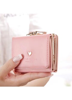 Foldable Short Womens Wallet Mini Cute Korean Style Multi-Card Slot Coin Purse Fashionable PU Leather Compact Money Holder Love Pink