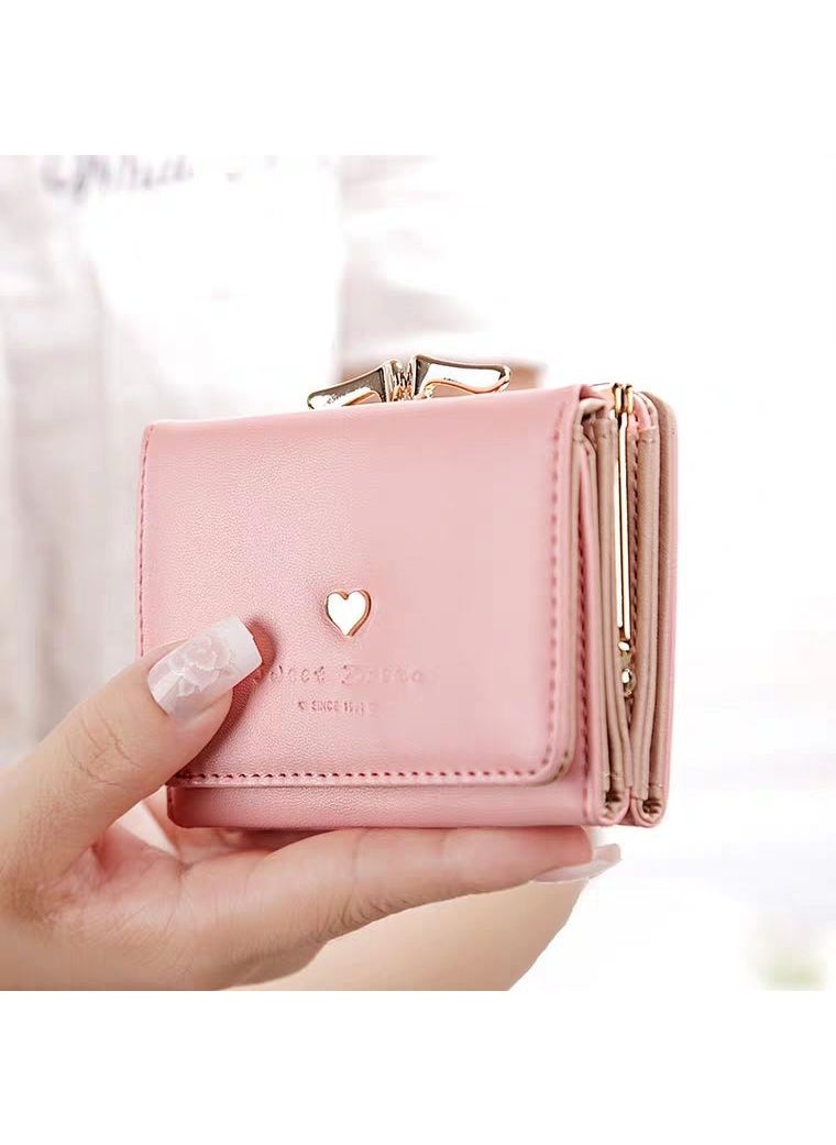 Generic - Foldable Short Womens Wallet Mini Cute Korean Style Multi-Card Slot Coin Purse Fashionable PU Leather Compact Money Holder Love Pink - Image 1