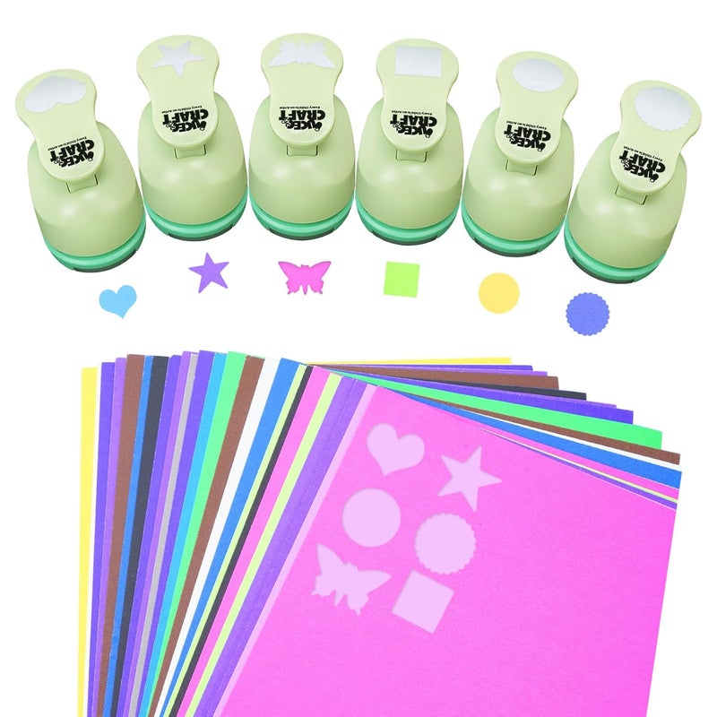 UCEC 6 PCS Craft Hole Punch 1 Inch Paper Puncher, Hole Punch Shapes Crafting Designs DIY for Kindergarten Teacher Office Supplies, 6 Different Shapes Set with 30PCS Craft Paper - Image 1