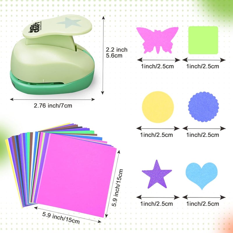 UCEC 6 PCS Craft Hole Punch 1 Inch Paper Puncher, Hole Punch Shapes Crafting Designs DIY for Kindergarten Teacher Office Supplies, 6 Different Shapes Set with 30PCS Craft Paper - Image 5