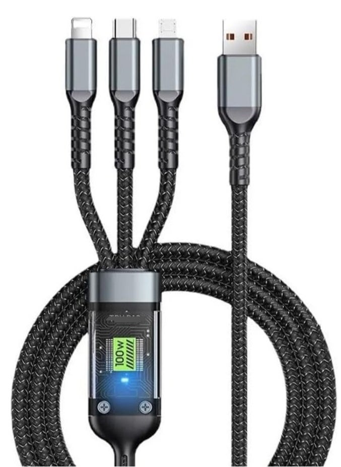 Generic - 3 in 1 Braided Multi USB Cable Fast Charging 6A/25W -Smart Chip- Thicker Version Compatible with Lightning/Micro/Type C - 3*1 Type C Multi Fast Charging Cable - Image 1
